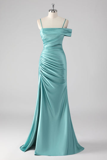 Robe longue de bal plissée à bretelles spaghetti fourreau bleu
